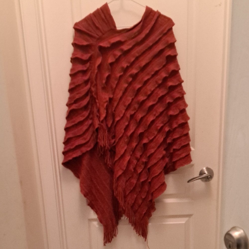 Rust Red Textured Poncho Wrap - Women's Sweater Shrug